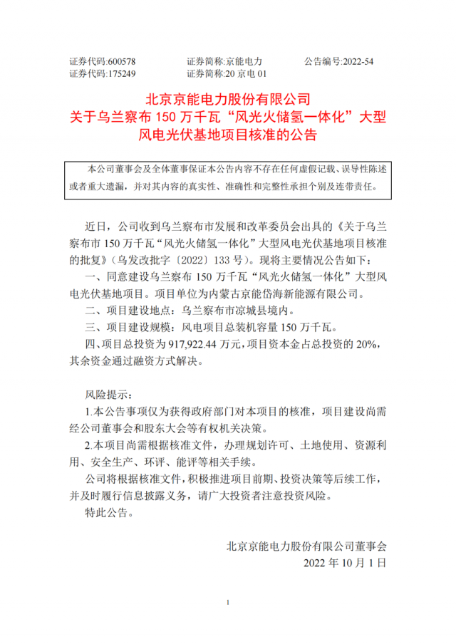 京能電力150萬千瓦“風(fēng)光火儲氫”基地獲批！