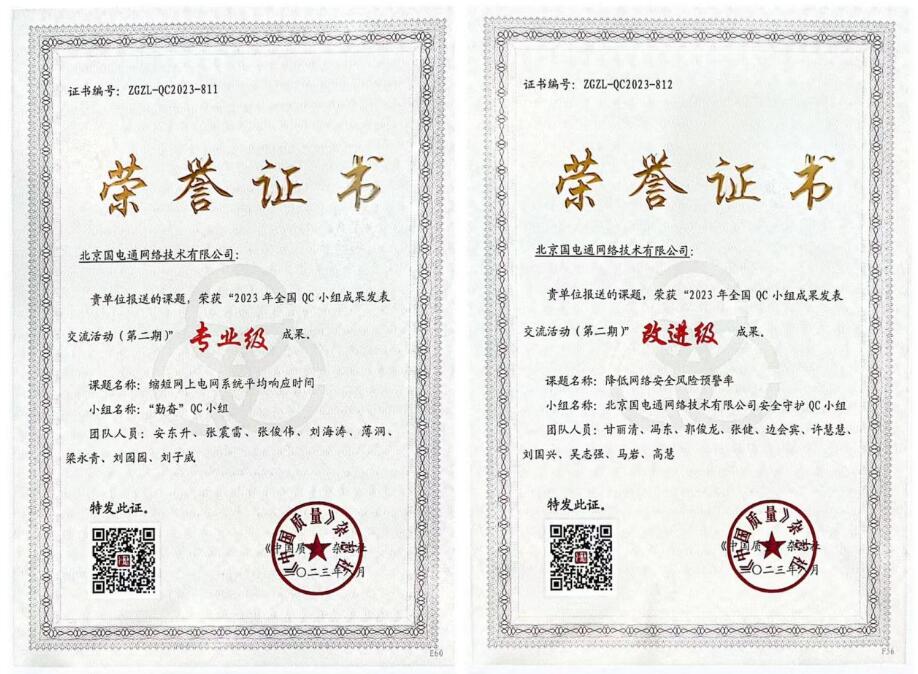 國(guó)網(wǎng)信通產(chǎn)業(yè)集團(tuán)國(guó)電通兩項(xiàng)QC成果分獲2023年全國(guó)QC小組成果二、三等獎(jiǎng)